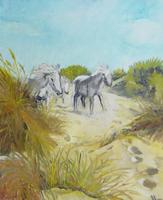 chevaux dans les dunes huile sur toile de lin 0,45m x 0,55m